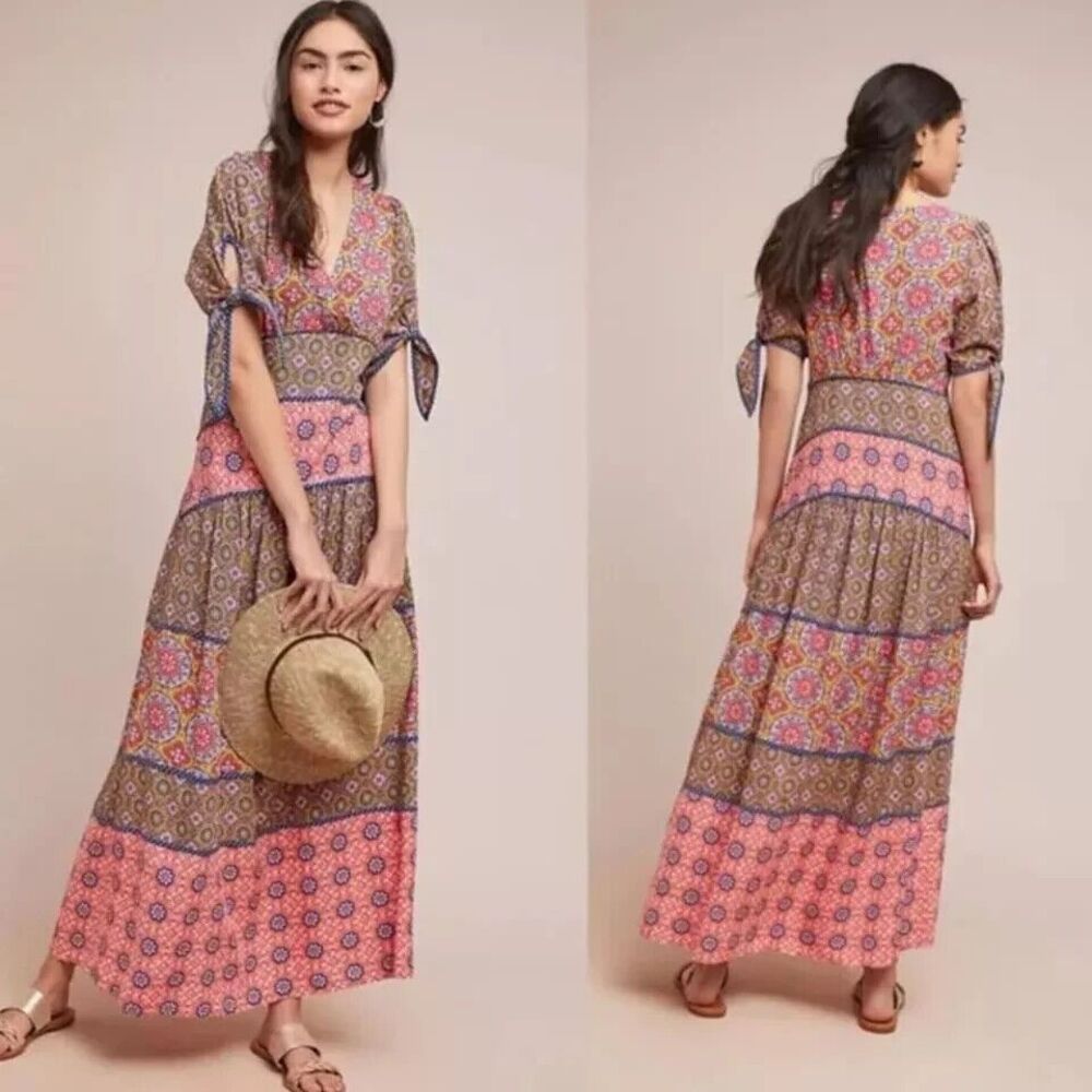 Anthropologie Maeve Eder Tiered Maxi Dress Size 0 Boho Beachy Short Sleeves